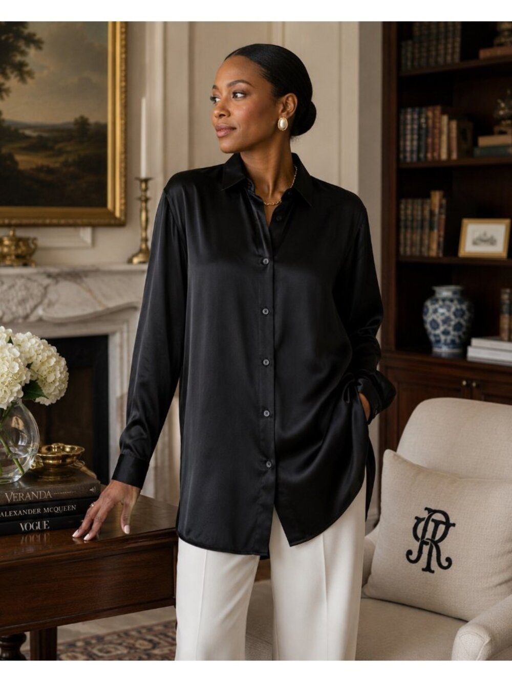 LaSoie 100% Silk Black Button Front Tunic Blouse Women’s M Long Sleeve Shirt